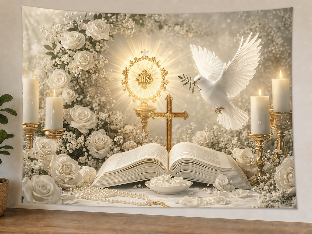 White and Gold Holy Communion Backdrop styled scene 1