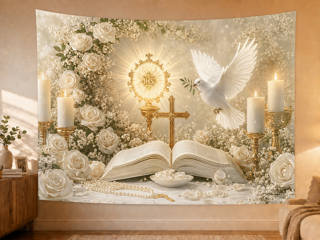 White and Gold Holy Communion Backdrop styled scene 2