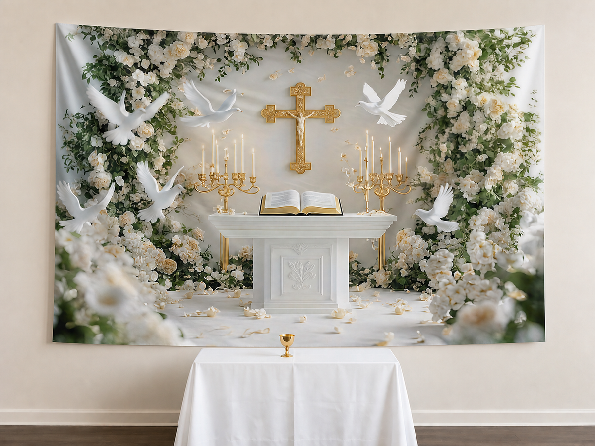 Christian Cross Candles Floral Dove Backdrop church ceremony display