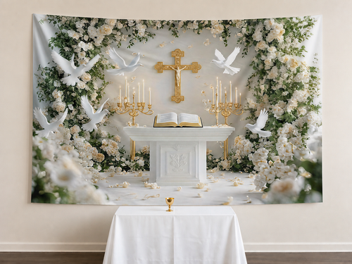 Christian Cross Candles Floral Dove Backdrop church ceremony display