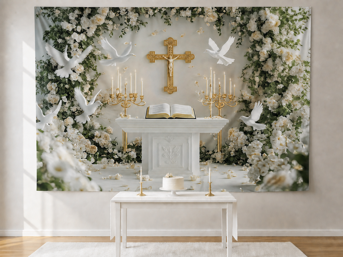 Christian Cross Candles Floral Dove Backdrop First Communion display