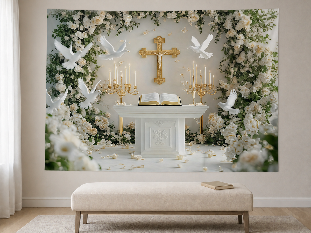 Christian Cross Candles Floral Dove Backdrop prayer-room display