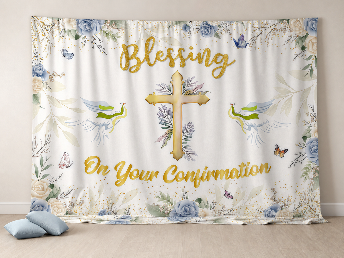Confirmation cross and two doves fabric backdrop with natural folds