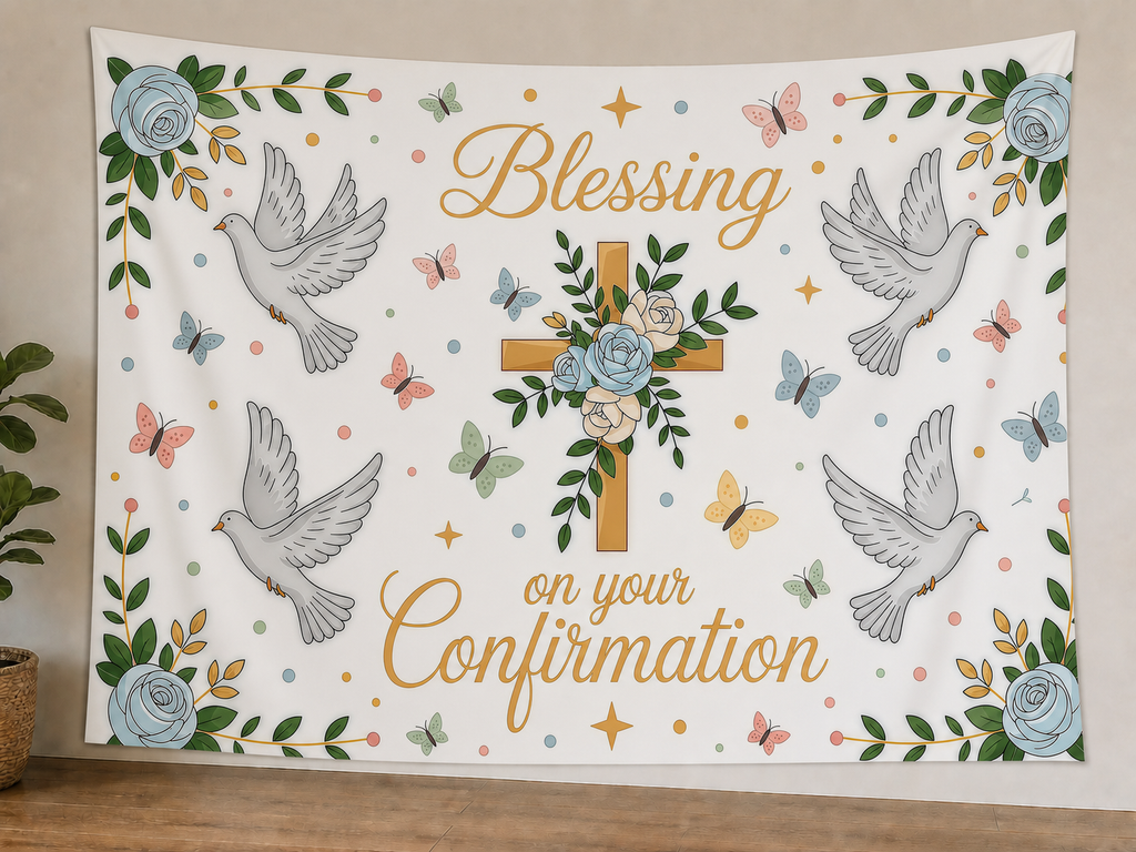 Floral Confirmation Blessing Backdrop displayed on a lightweight polyester backdrop