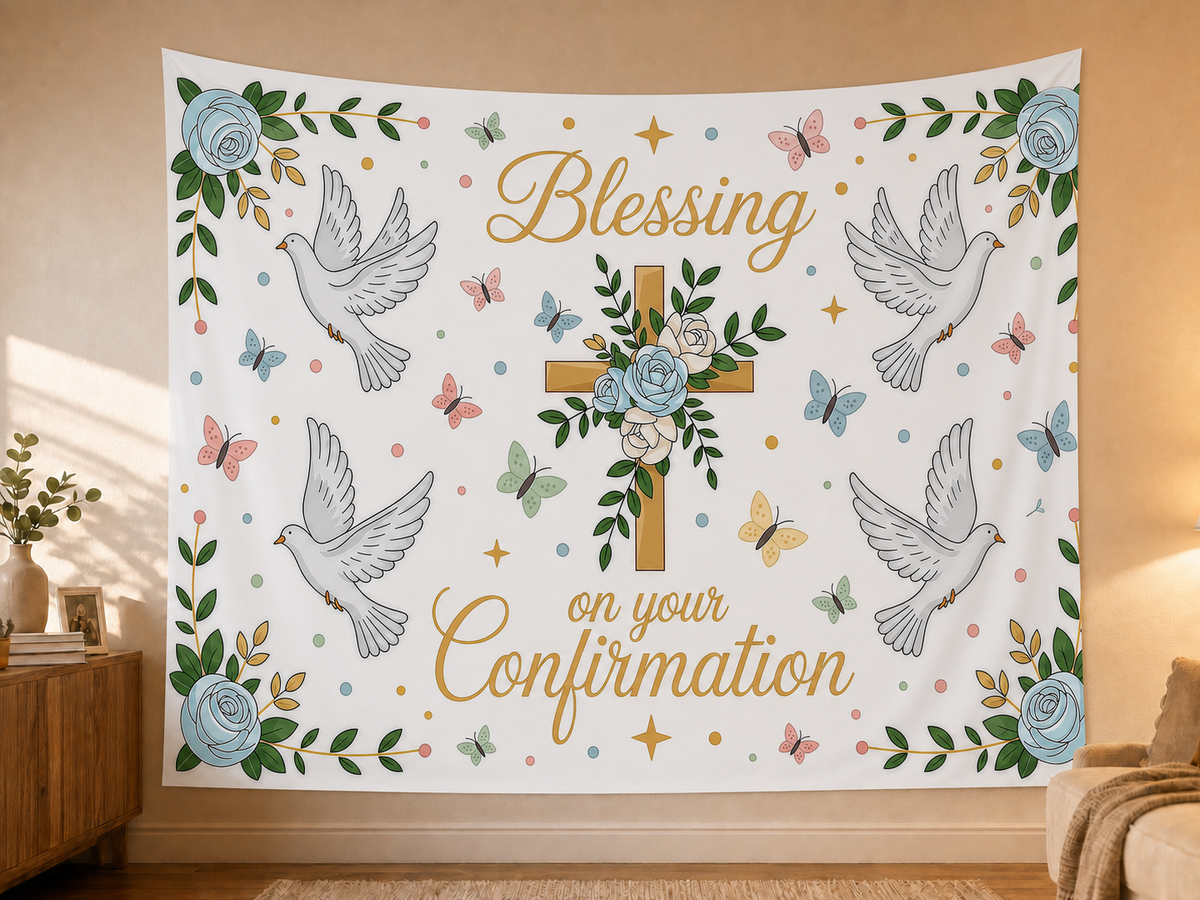 Floral Confirmation Blessing Backdrop in a realistic home wall setting