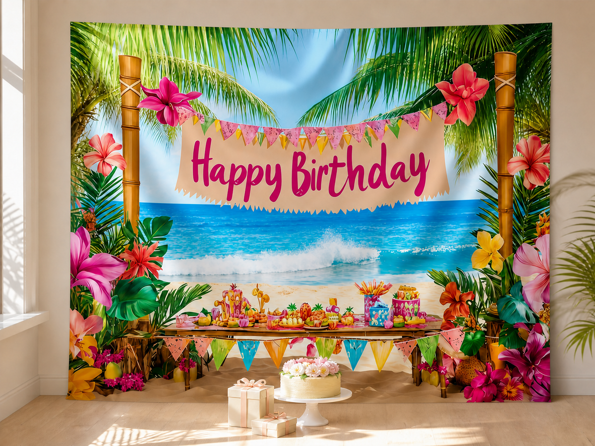 Tropical Hawaiian Beach Birthday Backdrop luau cake display