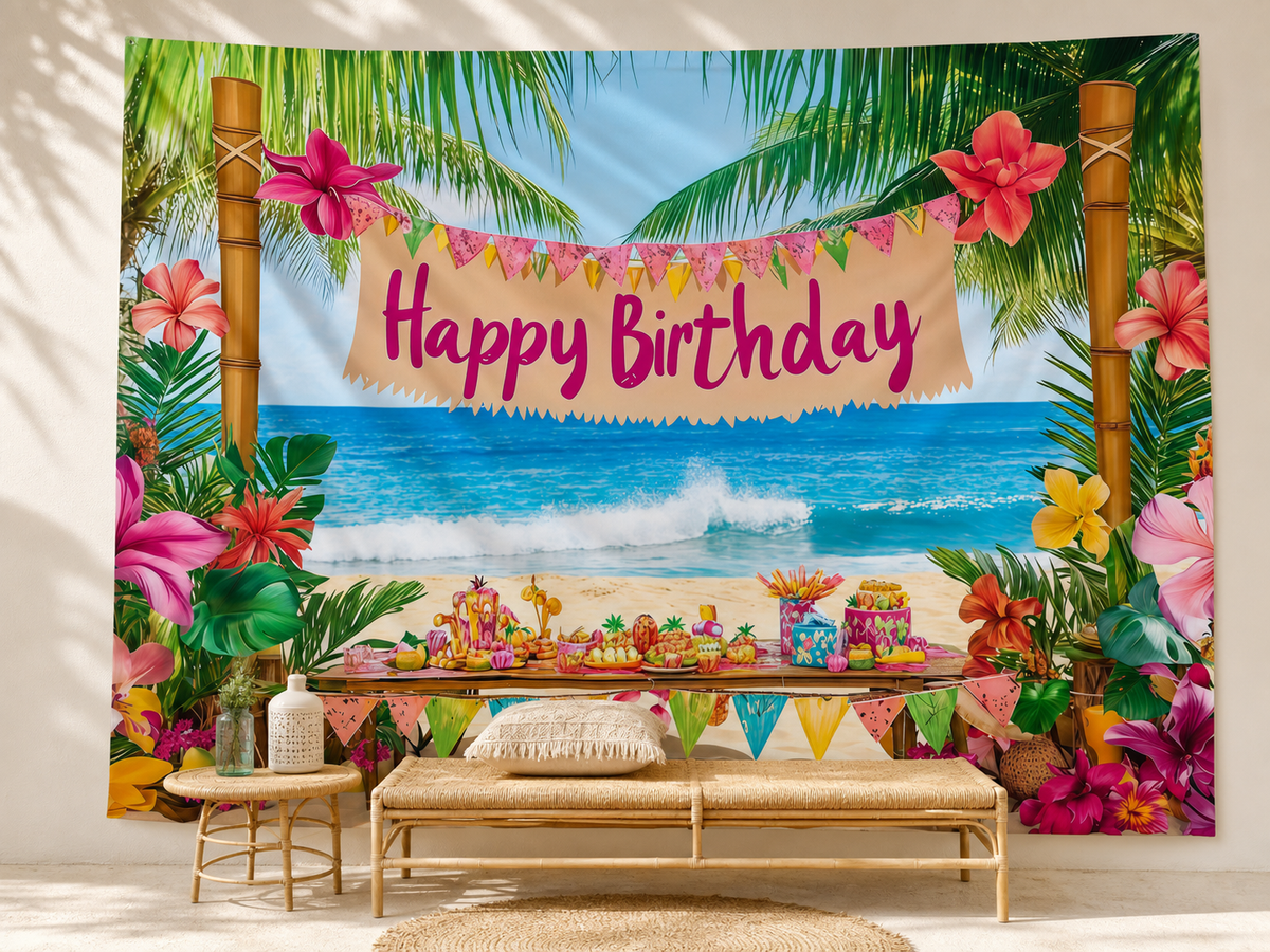 Tropical Hawaiian Beach Birthday Backdrop portrait corner
