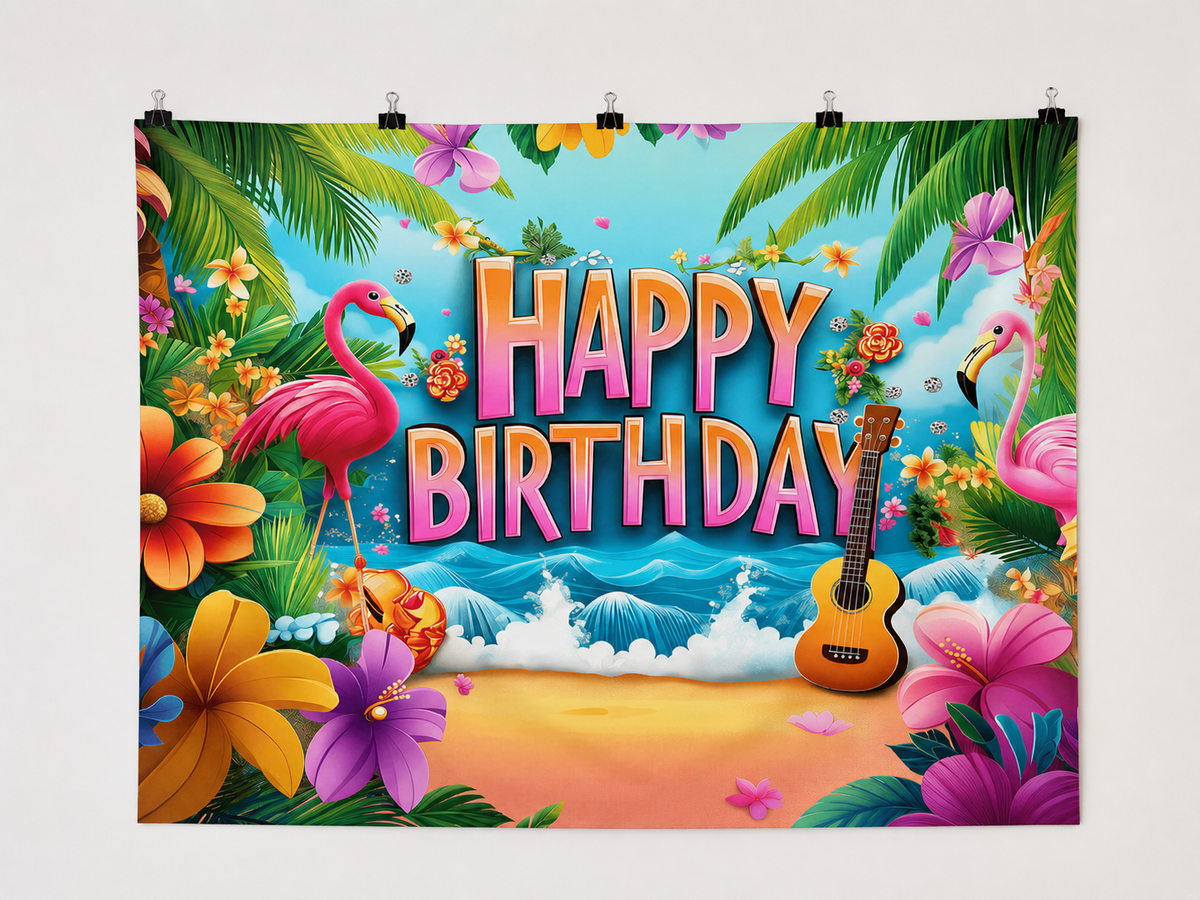 Flamingo and Tropical Flowers Happy Birthday Backdrop — complete flat printed design; accessories not included