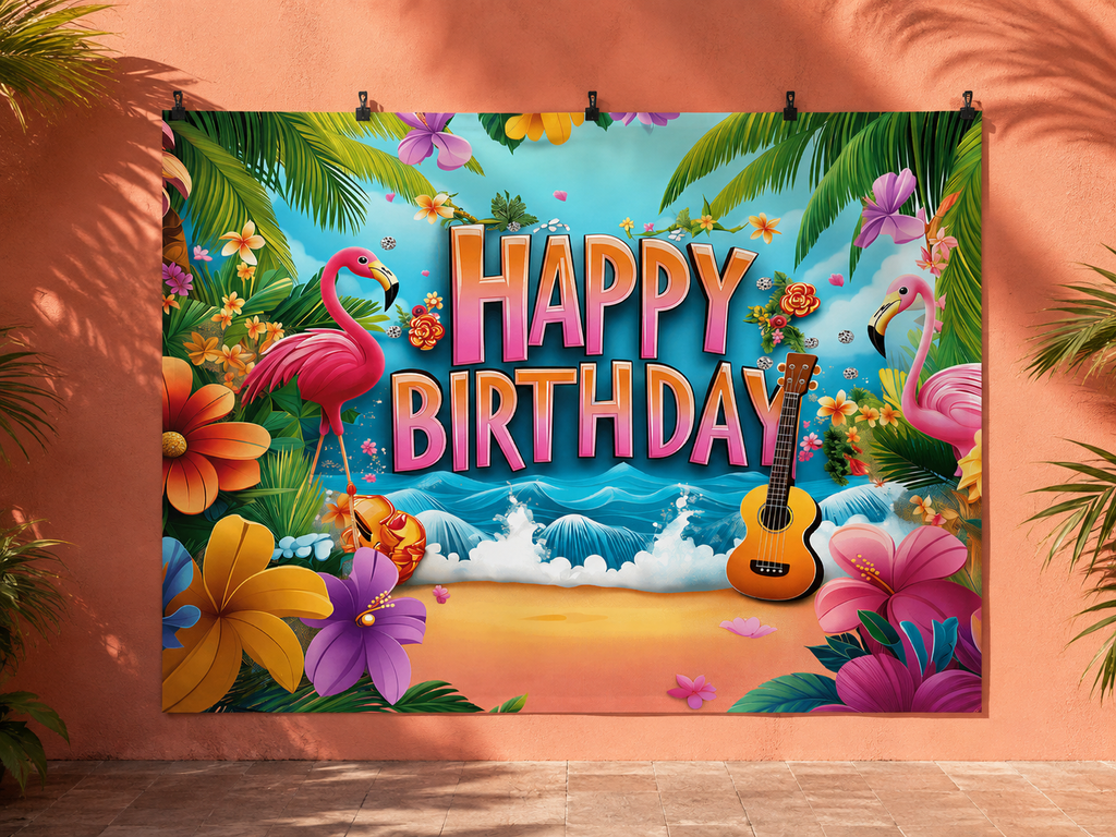 Flamingo and Tropical Flowers Happy Birthday Backdrop — temporary dry outdoor wall-clip display; accessories not included