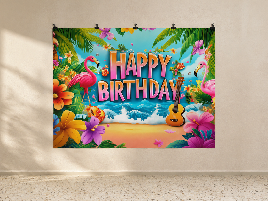 Flamingo and Tropical Flowers Happy Birthday Backdrop — indoor wall-clip display; accessories not included
