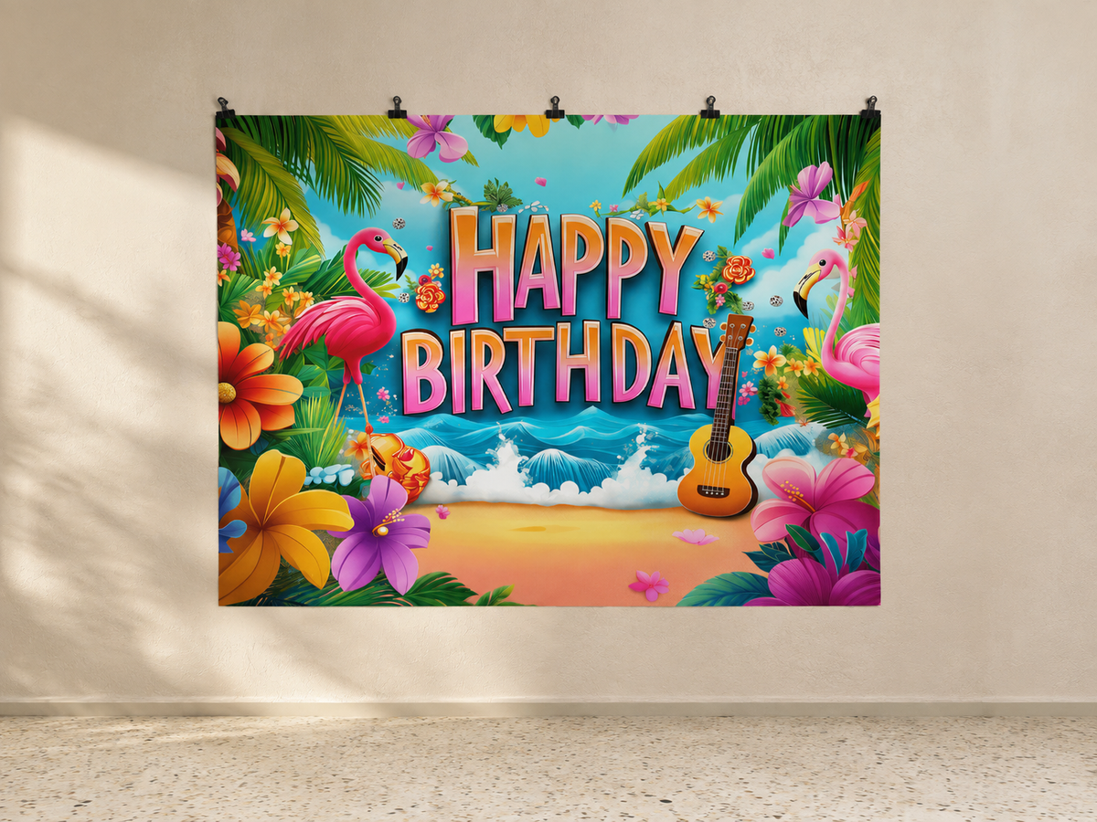 Flamingo and Tropical Flowers Happy Birthday Backdrop — indoor wall-clip display; accessories not included