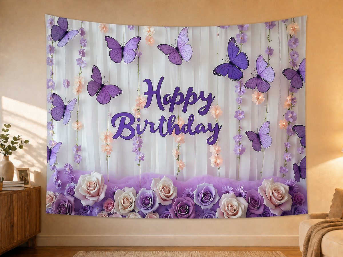 Purple Butterfly Happy Birthday Backdrop styled scene 2
