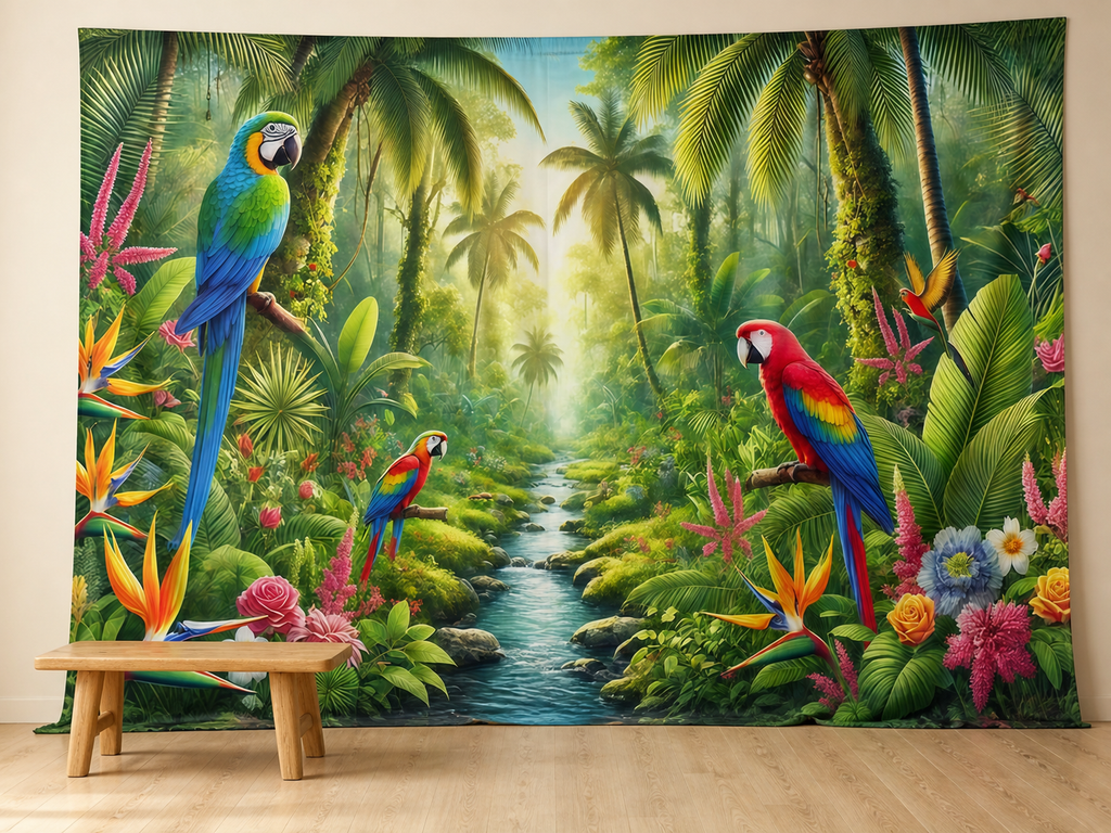 Four macaws tropical rainforest photography backdrop scene 1