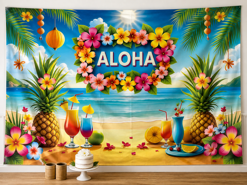 Aloha Hawaiian Beach Party Backdrop luau cake display