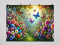 Butterfly Flower Garden printed polyester backdrop, shown at244 x183cm with straight-cut unhemmed edges and wall clips. Flat printed scenery; accessories not included.