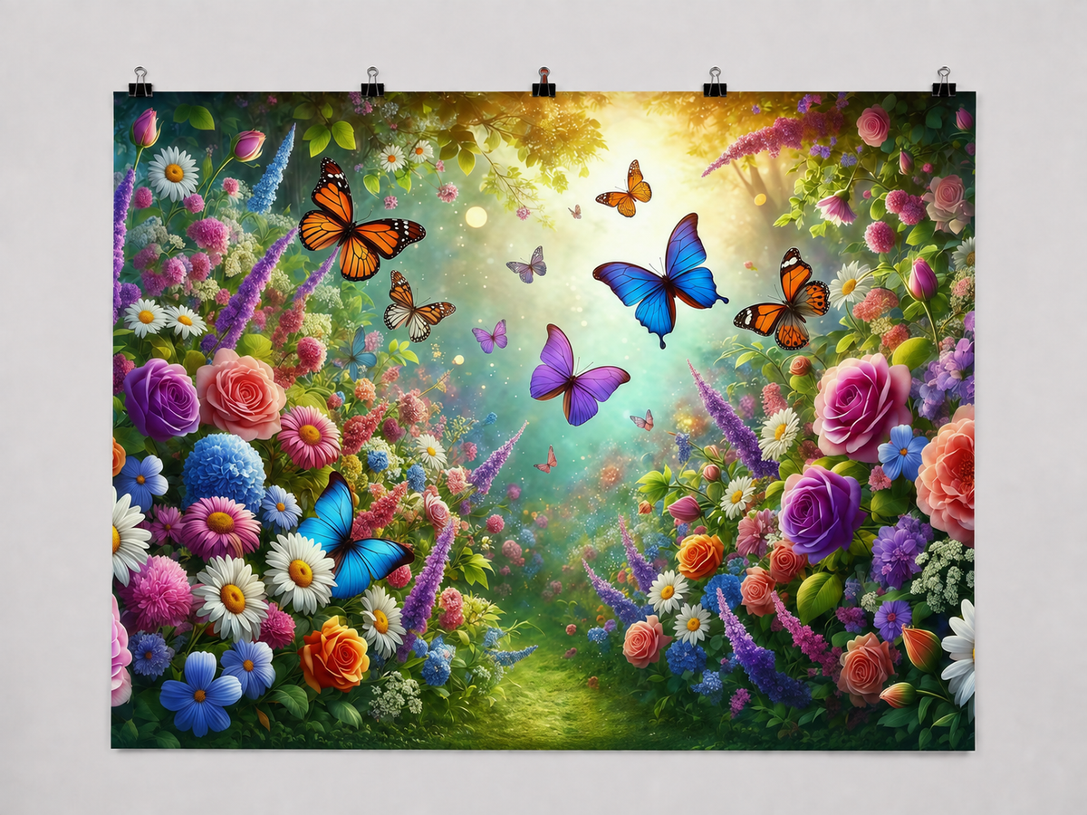 Butterfly Flower Garden printed polyester backdrop, shown at244 x183cm with straight-cut unhemmed edges and wall clips. Flat printed scenery; accessories not included.