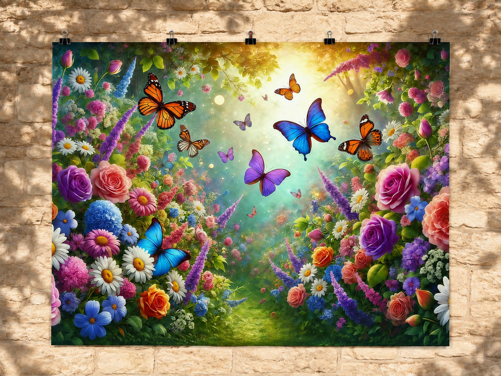 Butterfly Flower Garden printed polyester backdrop, shown at244 x183cm with straight-cut unhemmed edges and wall clips. Flat printed scenery; accessories not included.