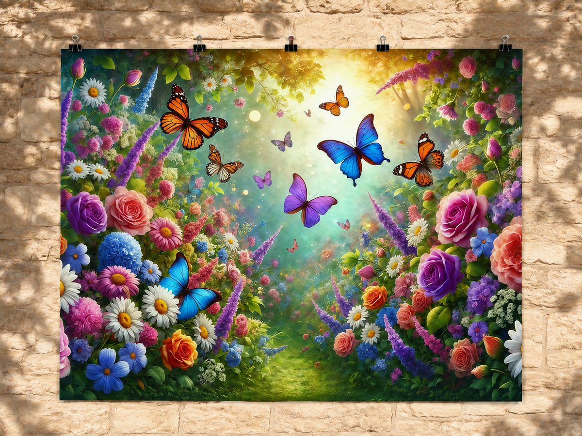 Butterfly Flower Garden printed polyester backdrop, shown at244 x183cm with straight-cut unhemmed edges and wall clips. Flat printed scenery; accessories not included.