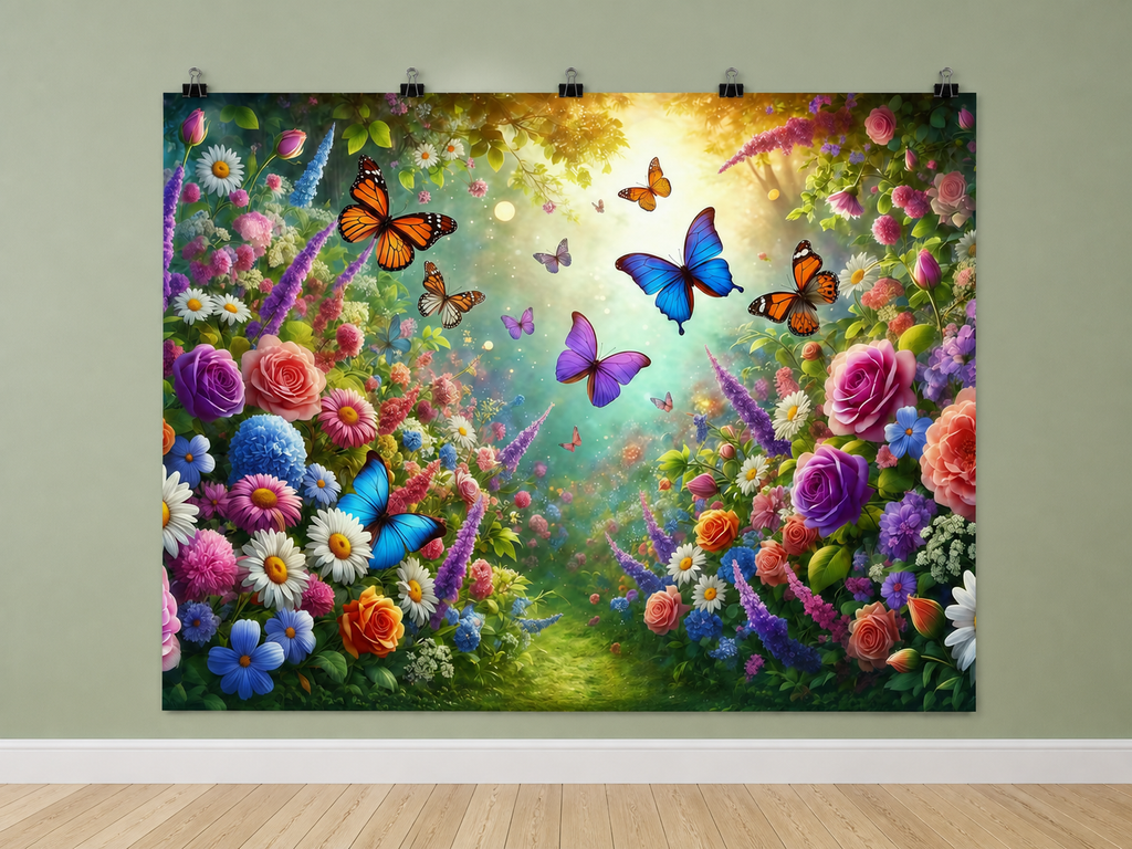 Butterfly Flower Garden printed polyester backdrop, shown at244 x183cm with straight-cut unhemmed edges and wall clips. Flat printed scenery; accessories not included.
