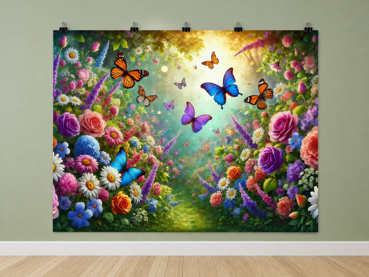 Butterfly Flower Garden printed polyester backdrop, shown at244 x183cm with straight-cut unhemmed edges and wall clips. Flat printed scenery; accessories not included.