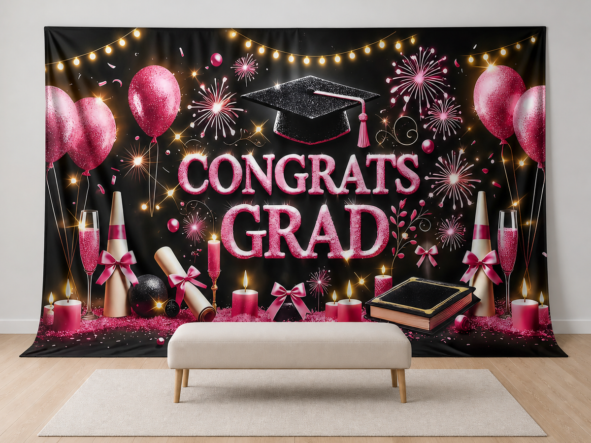 Congrats Grad pink fabric backdrop for graduation portraits