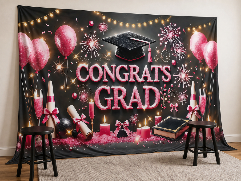 Pink balloons graduation photography backdrop for seniors