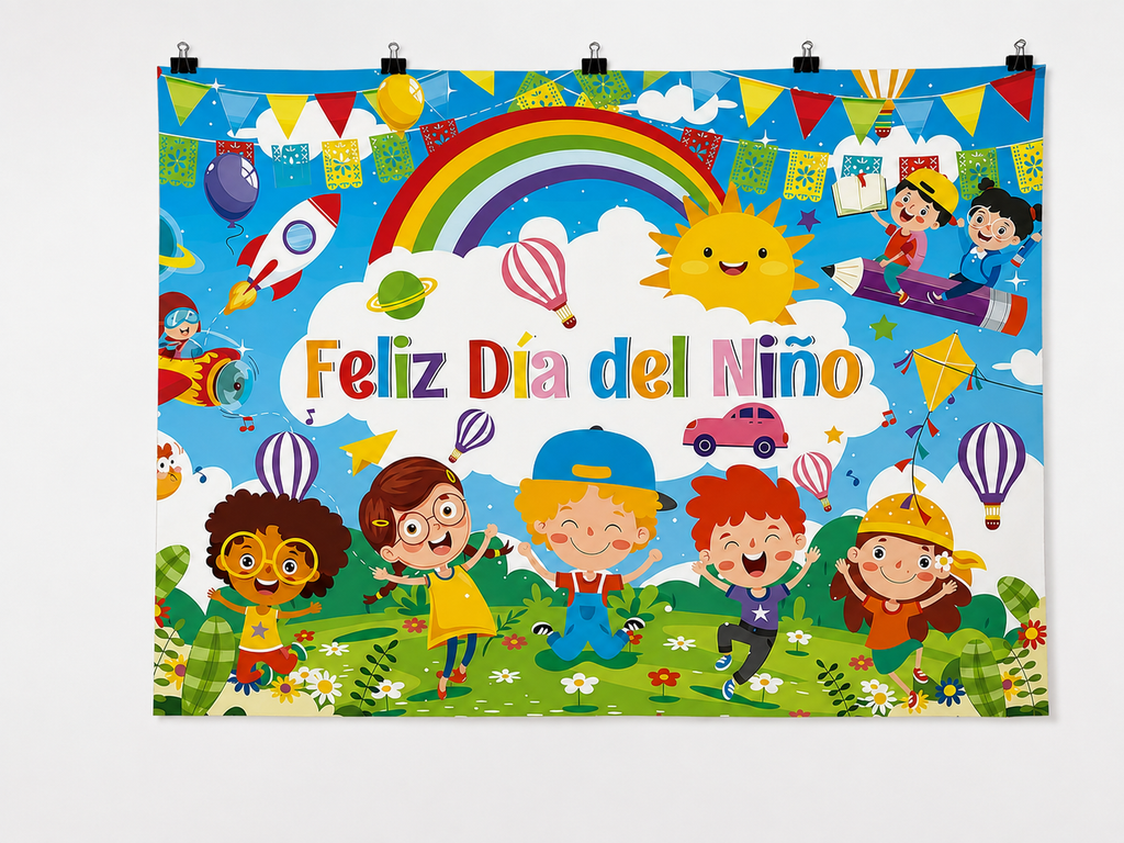 Feliz Dia Del Nino Children's Day printed polyester backdrop, shown at244 x183cm with straight-cut unhemmed edges and wall clips. Flat printed scenery; accessories not included.