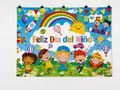 Feliz Dia Del Nino Children's Day printed polyester backdrop, shown at244 x183cm with straight-cut unhemmed edges and wall clips. Flat printed scenery; accessories not included.