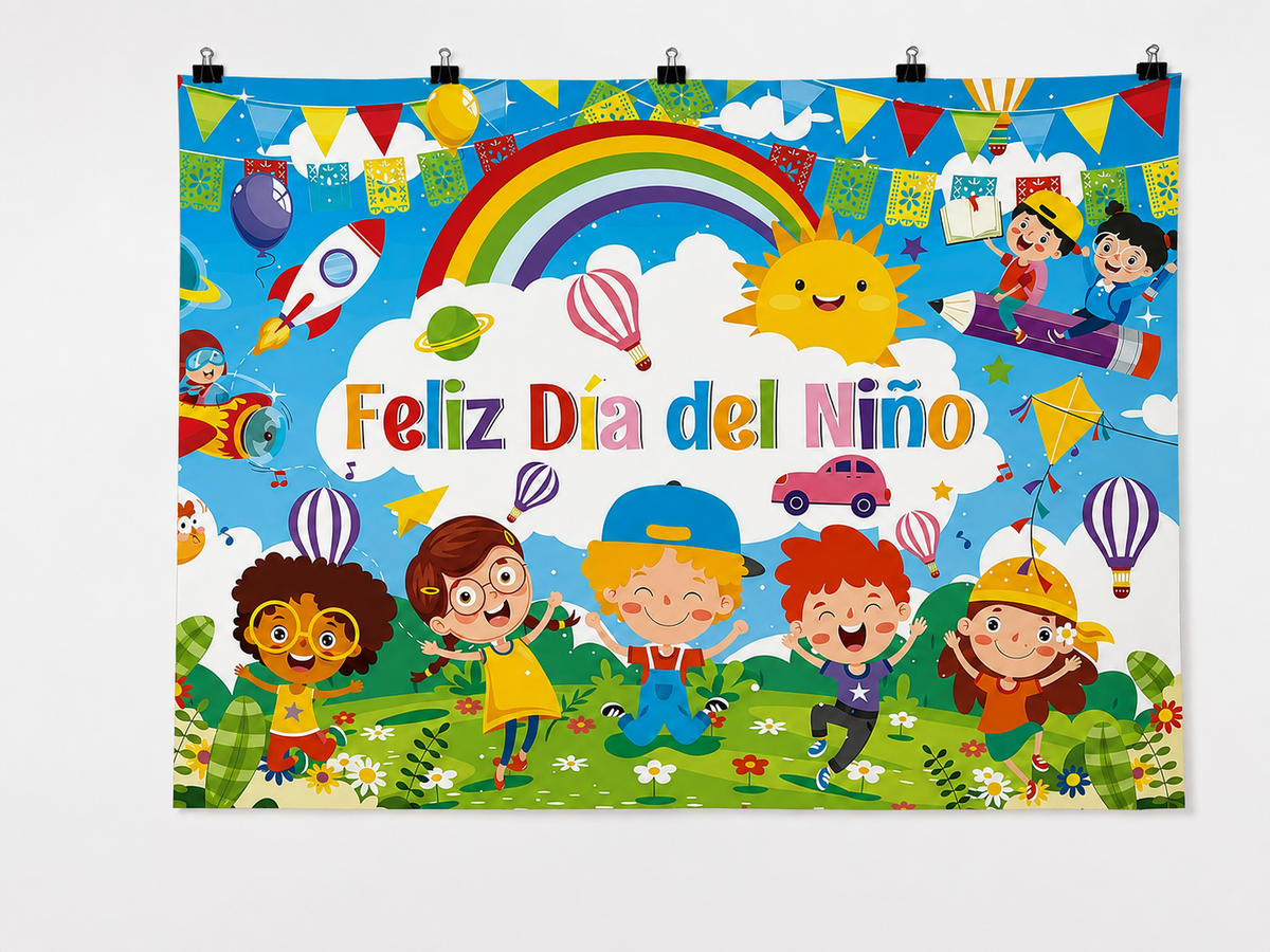 Feliz Dia Del Nino Children's Day printed polyester backdrop, shown at244 x183cm with straight-cut unhemmed edges and wall clips. Flat printed scenery; accessories not included.
