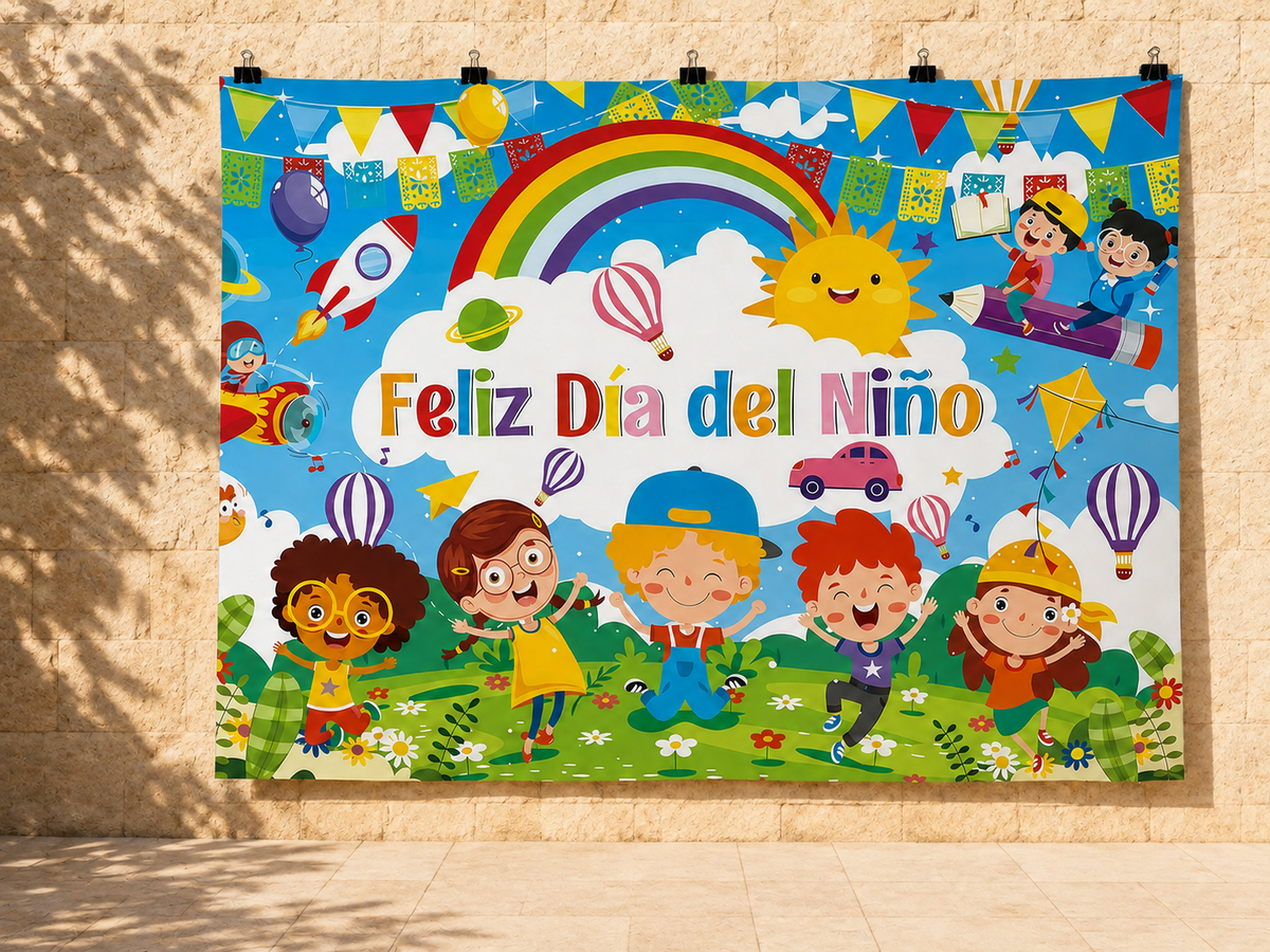 Feliz Dia Del Nino Children's Day printed polyester backdrop, shown at244 x183cm with straight-cut unhemmed edges and wall clips. Flat printed scenery; accessories not included.
