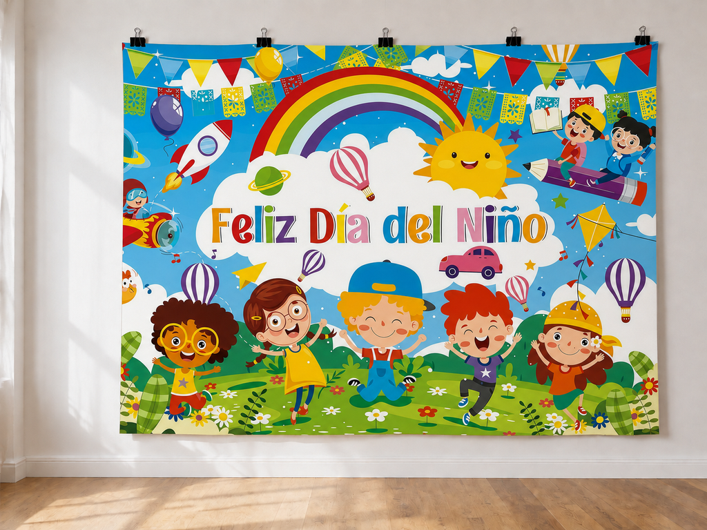 Feliz Dia Del Nino Children's Day printed polyester backdrop, shown at244 x183cm with straight-cut unhemmed edges and wall clips. Flat printed scenery; accessories not included.