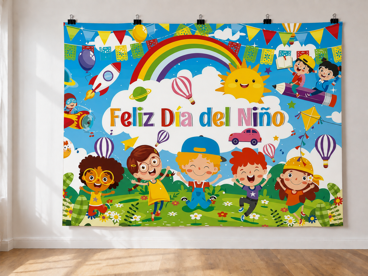 Feliz Dia Del Nino Children's Day printed polyester backdrop, shown at244 x183cm with straight-cut unhemmed edges and wall clips. Flat printed scenery; accessories not included.