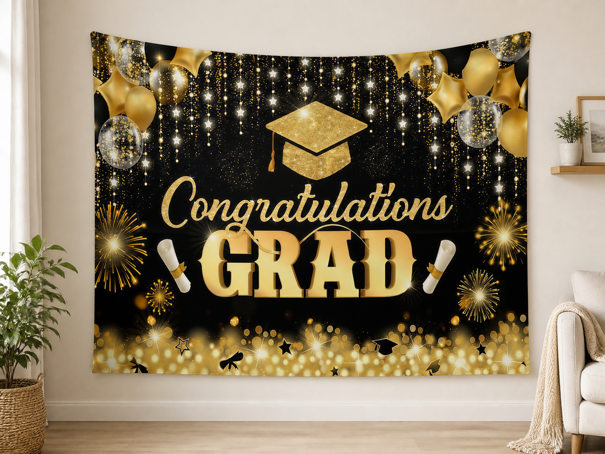 Black Gold Congratulations Grad Backdrop application scene 1