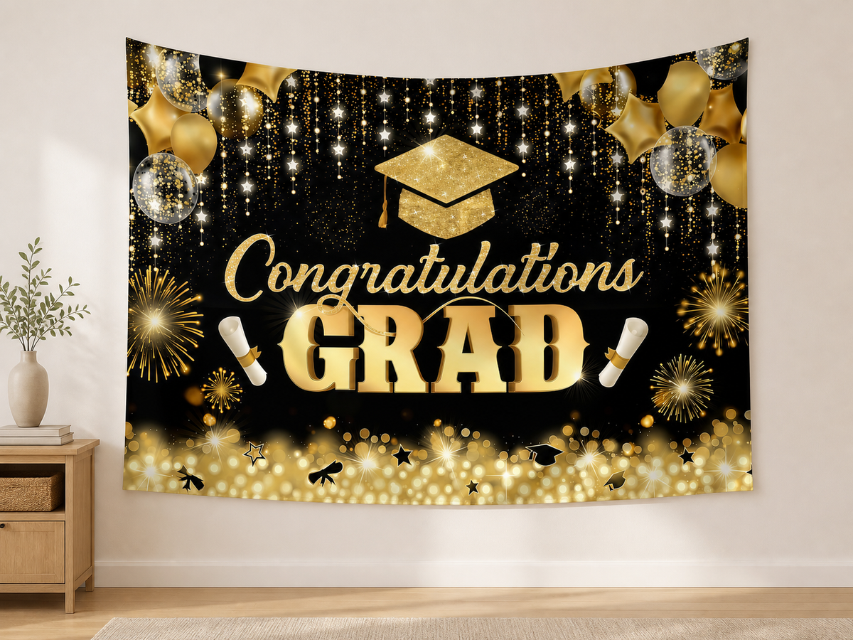 Black Gold Congratulations Grad Backdrop application scene 2