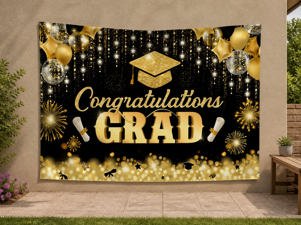 Black Gold Congratulations Grad Backdrop application scene 3