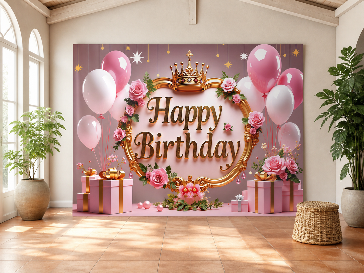 Pink Birthday Crown and Balloons Backdrop scene 1