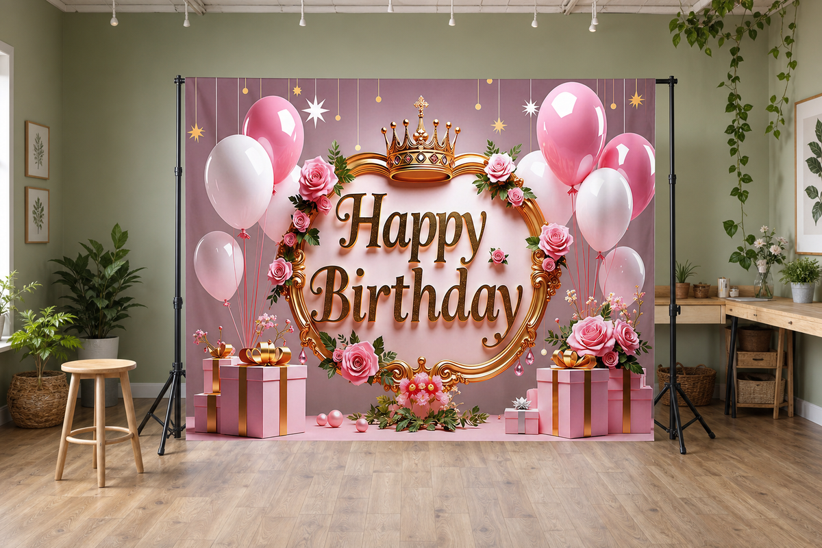 Pink Birthday Crown and Balloons Backdrop scene 2