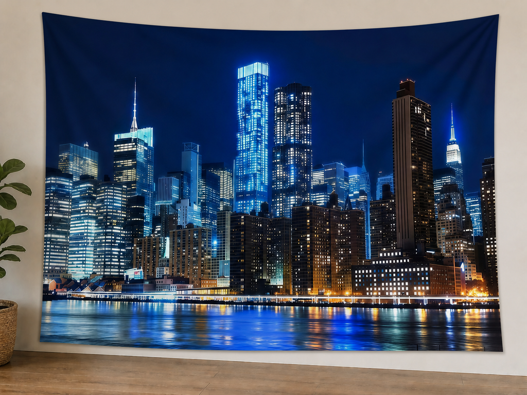 Blue City Night Skyline Backdrop styled scene 1