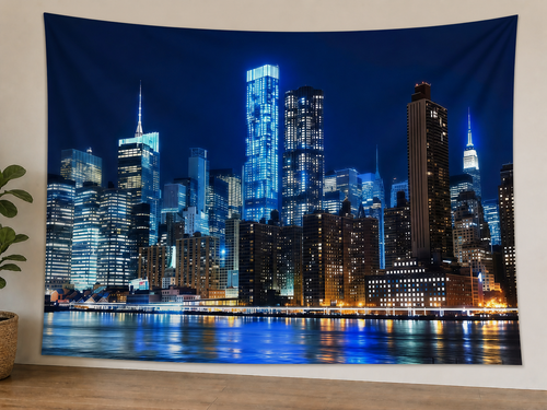 Blue City Night Skyline Backdrop styled scene 1