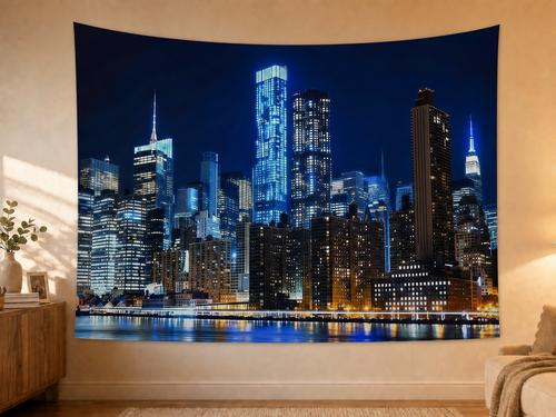 Blue City Night Skyline Backdrop styled scene 2