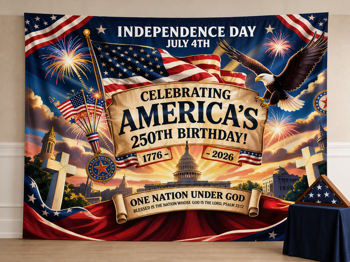 America 250th birthday July 4th civic hall backdrop