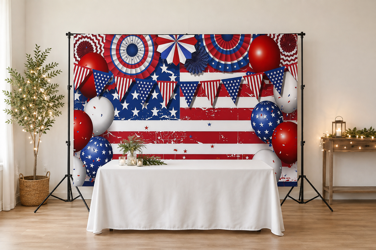Red White Blue Independence Day Backdrop in event studio