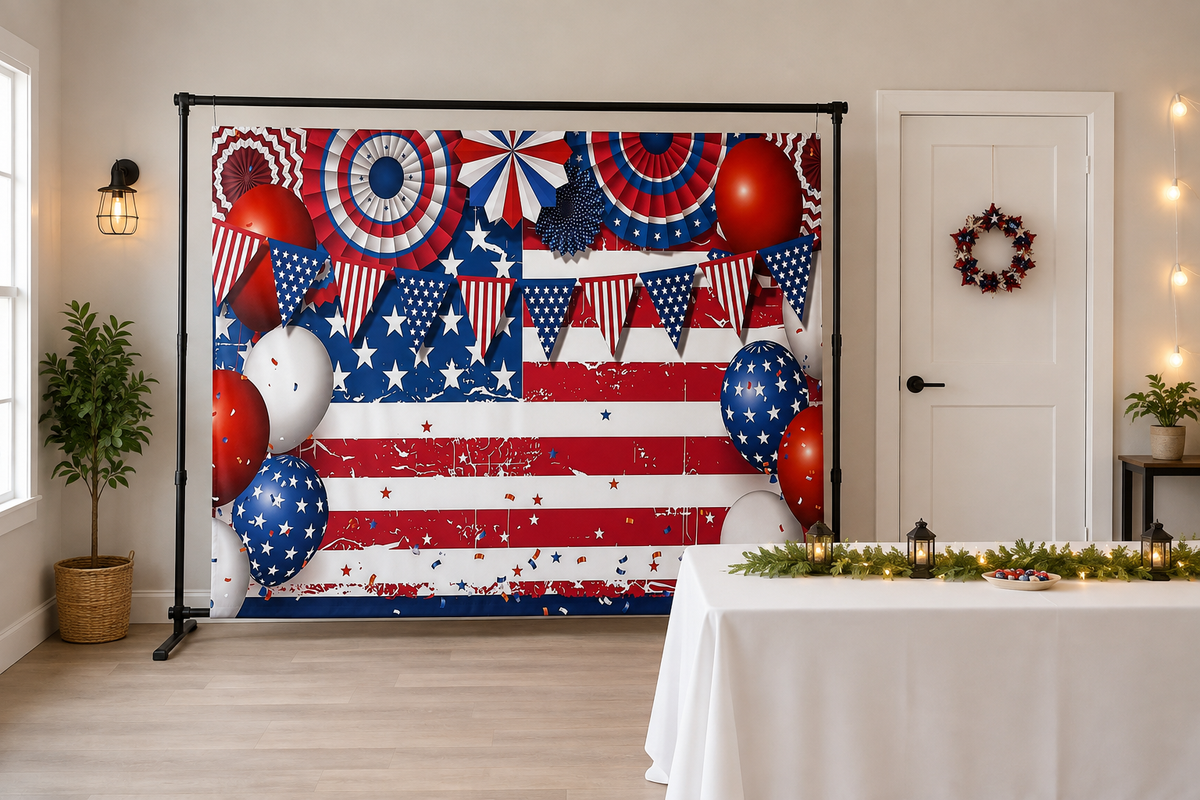 Red White Blue Independence Day Backdrop in alternate room setting