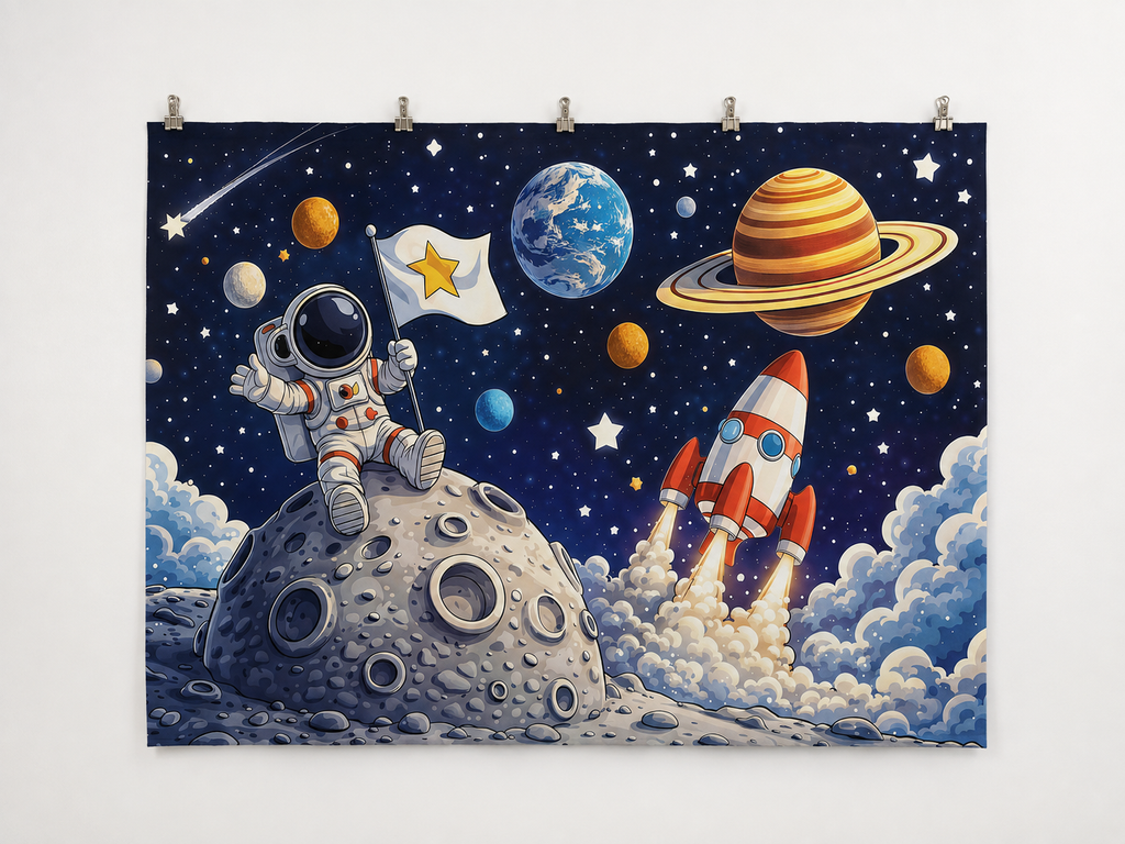 Cartoon Astronaut Rocket and Planets Backdrop — complete flat printed design; accessories not included