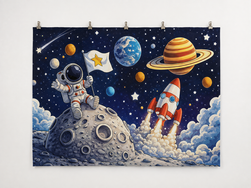 Cartoon Astronaut Rocket and Planets Backdrop — complete flat printed design; accessories not included