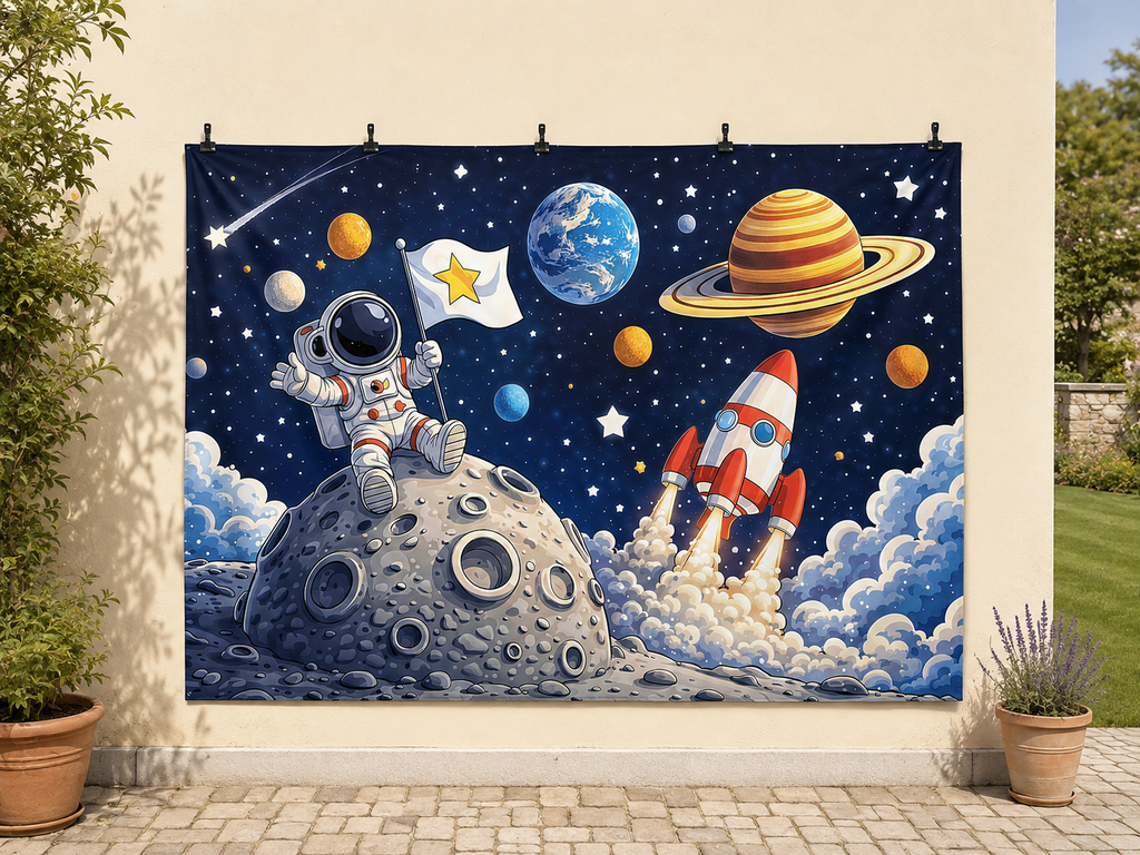 Cartoon Astronaut Rocket and Planets Backdrop — temporary dry outdoor wall-clip display; accessories not included
