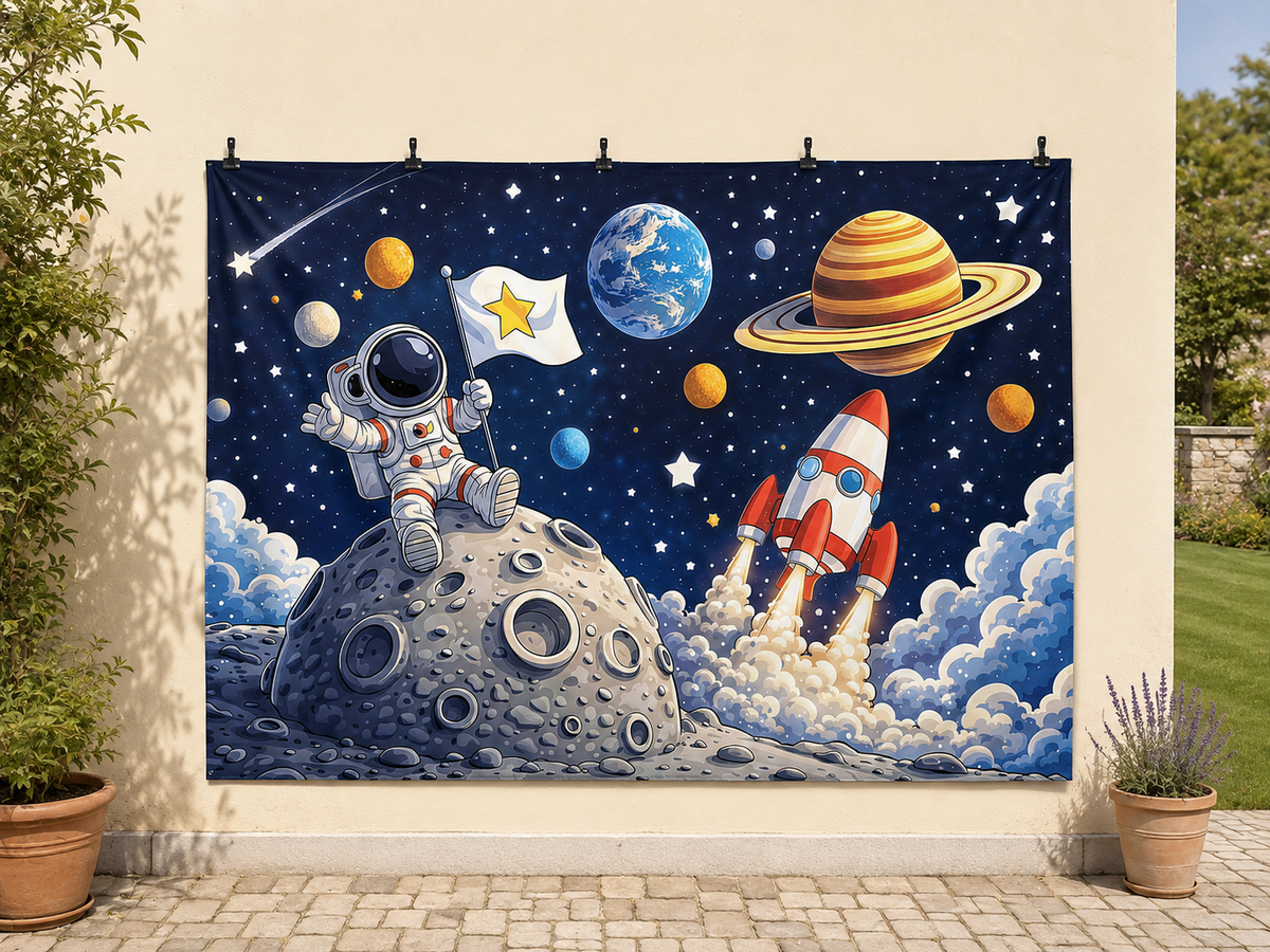 Cartoon Astronaut Rocket and Planets Backdrop — temporary dry outdoor wall-clip display; accessories not included