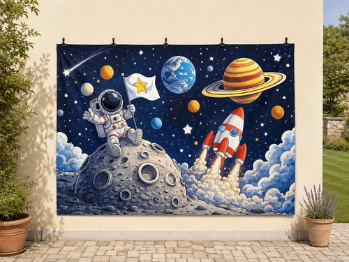 Cartoon Astronaut Rocket and Planets Backdrop — temporary dry outdoor wall-clip display; accessories not included