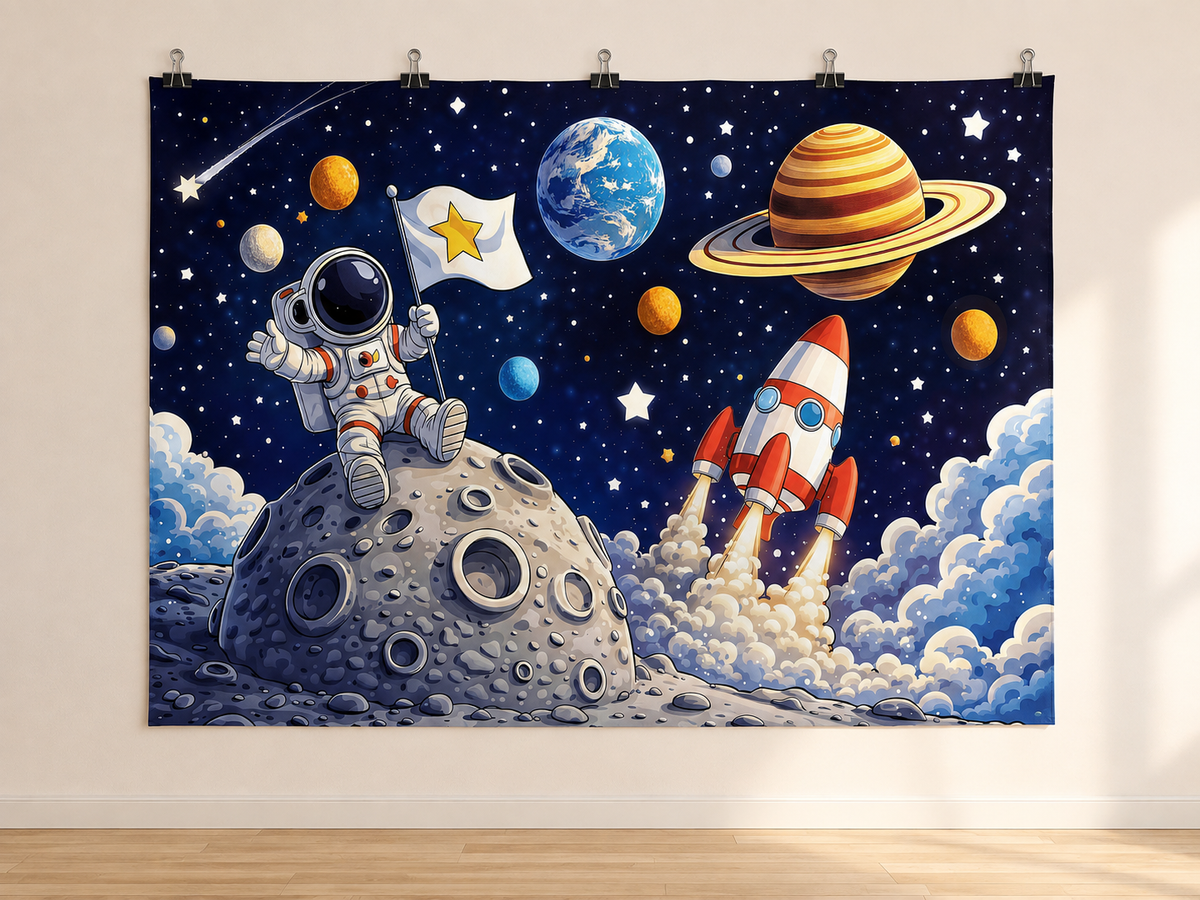 Cartoon Astronaut Rocket and Planets Backdrop — indoor wall-clip display; accessories not included