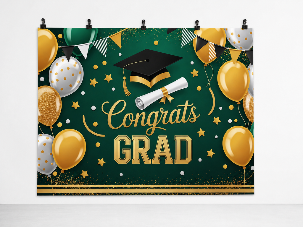 Congrats Grad Green and Gold printed polyester backdrop, shown at244 x183cm with straight-cut unhemmed edges and wall clips. Flat printed scenery; accessories not included.